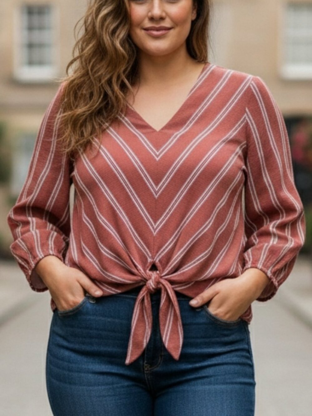 FAITH AND JOY*RUST/CORAL BLOUSE*STRIPED V-NECK*TIE-FRONT* CUFFED SLEEVES*SIZE: L